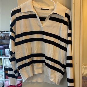 Tahari Black and Cream Striped V-Neck Sweater